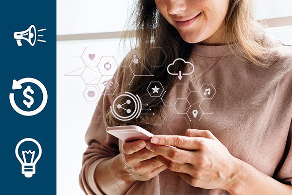 Woman holding phone with icons coming out of it all connected by lines, with a navy bar with marketing icons on the left.