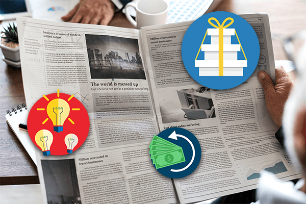 Person holding open newspaper with marketing graphic icons on top.
