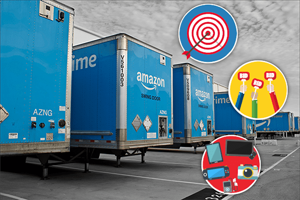 Amazon trucks with logos in a parking lot