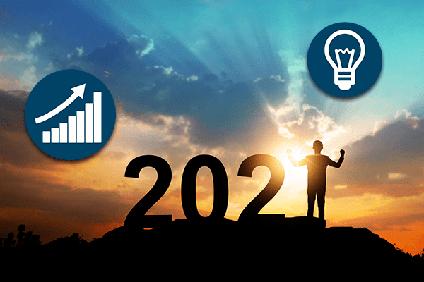 Sunrise with 2021 spelled out on top of mountain. Silhouette of person represents 1 in 2021. Light bulb icon and increasing bar graph icon also floating in sky.