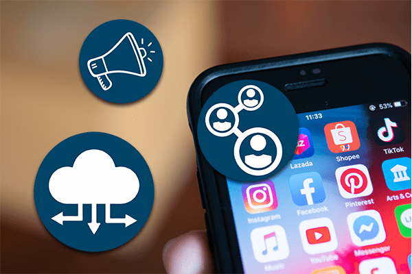 Home screen of a mobile phone featuring multiple apps. Megaphone icon, cloud icon, and anonymous head icon floating in foreground.