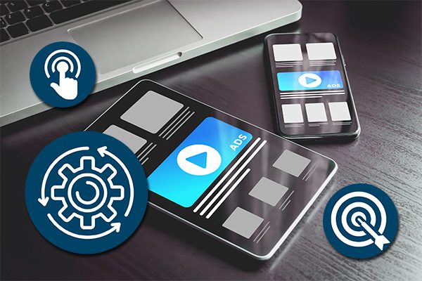 A tablet, laptop and smart phone sit on a desk with their screens lit up with ads while programmatic advertising icons float around above.
