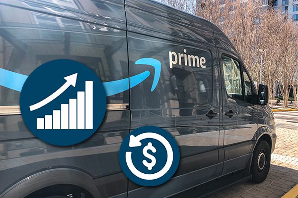 An Amazon Prime delivery truck drives by as stat and graph icons float around in the foreground.