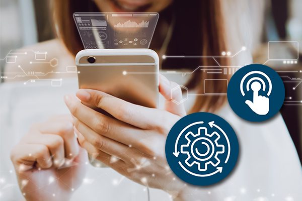 Person typing on phone with marketing icons coming out of it.