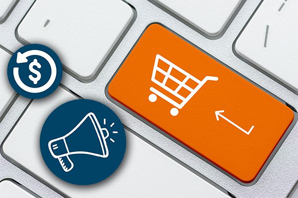 Online shopping / ecommerce and retail sale concept : White basket for checkout, shopping cart symbol on a laptop keyboard, depicts customers order / buy things from retailer sites using the internet