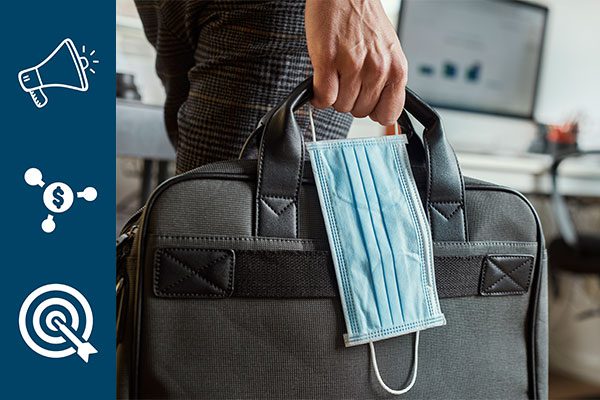 Man holding briefcase and face mask with navy bar of marketing icons on the left.