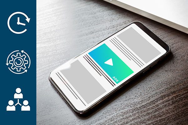 Cell phone with blue and green ads displayed with a navy bar of marketing icons on the left.