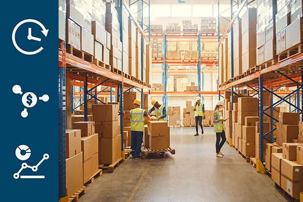 People standing in warehouse moving cardboard boxes with left navy pane with marketing icons.