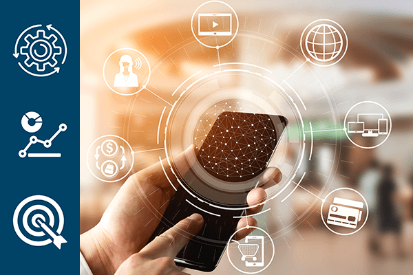 Person holding phone with network lines and marketing icons coming out of it and a navy bar on the left with more marketing icons.