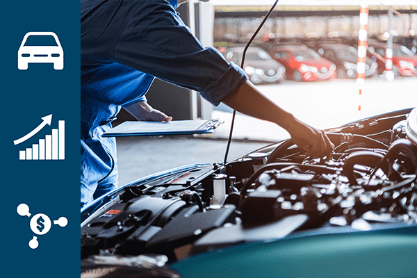 Automotive person working on hood of car with navy bar on the left with marketing icons.